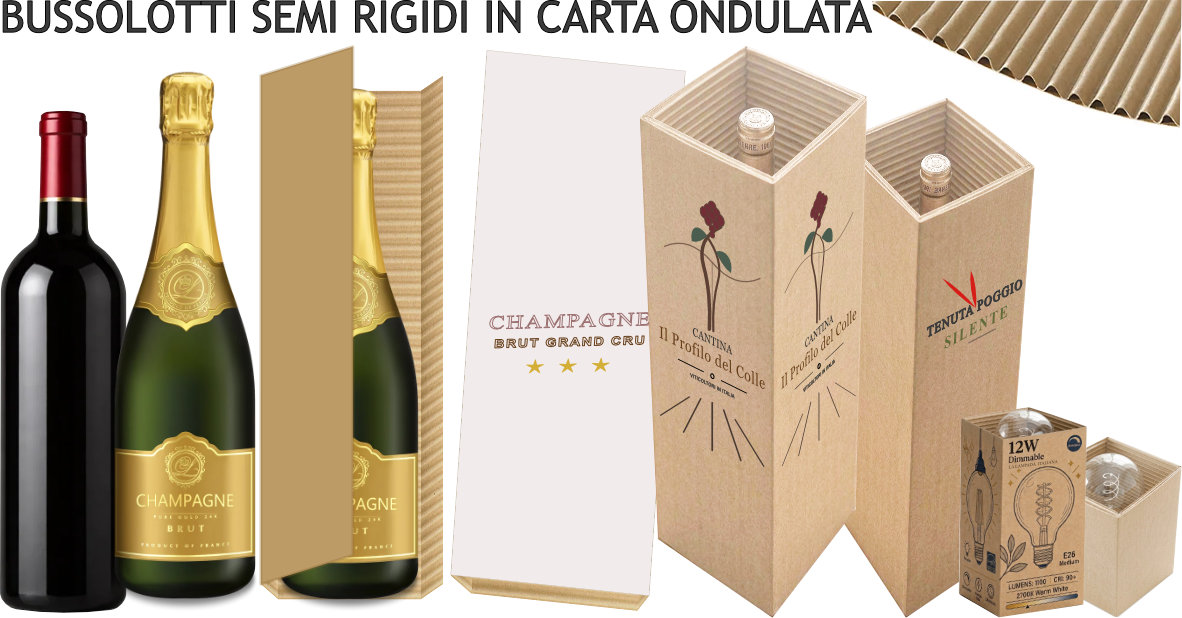 bussolotti in carta ondulata per lampadine, oggetti in vetro e bottiglie